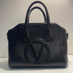 VALENTINO Black Leather Satchel Elegant Travel Bag w detachable crossbody strap